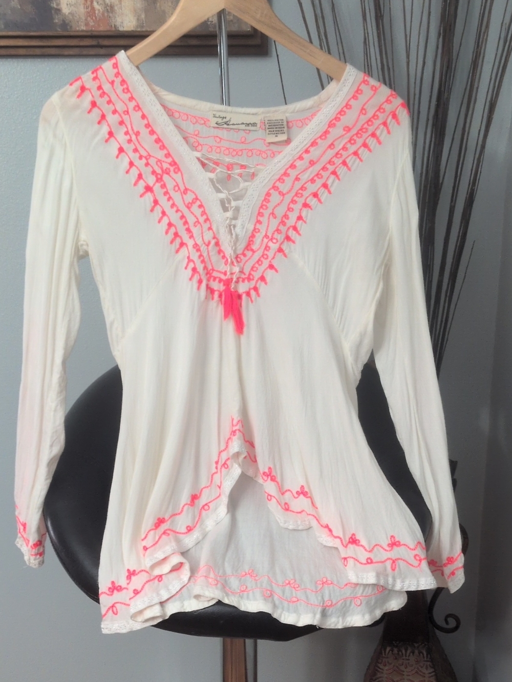 Vintage Havana Cream Blouse with Neon Orange Embroidery